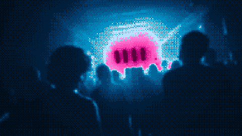 A dithered crowd moving in front of a blue and pink concert stage